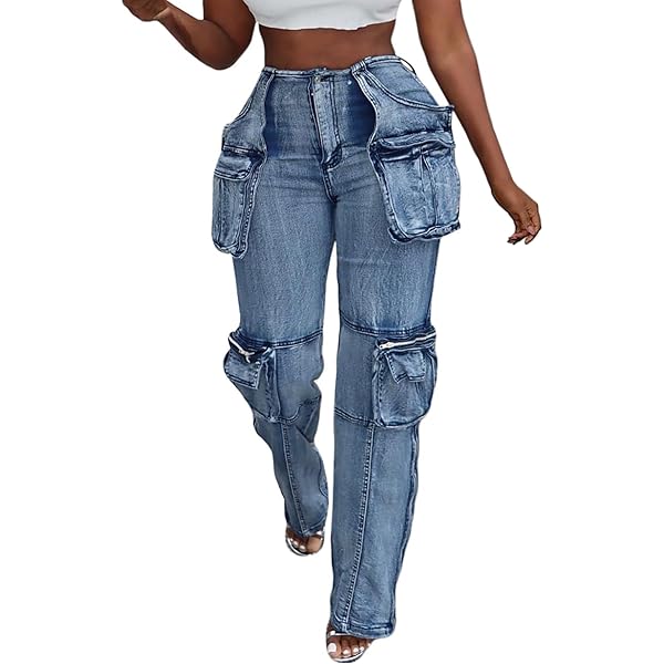 SHINFY Womens Cargo Jeans High Waisted Straight Leg Zipper